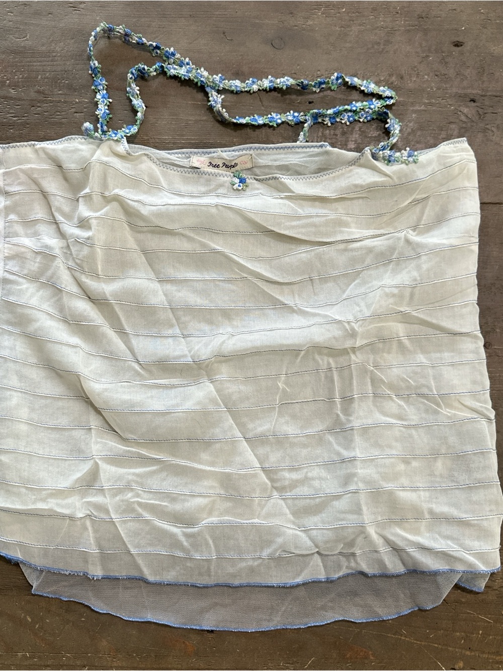 Vintage Free People White Layered Sheer Tank with Blue Floral Straps
